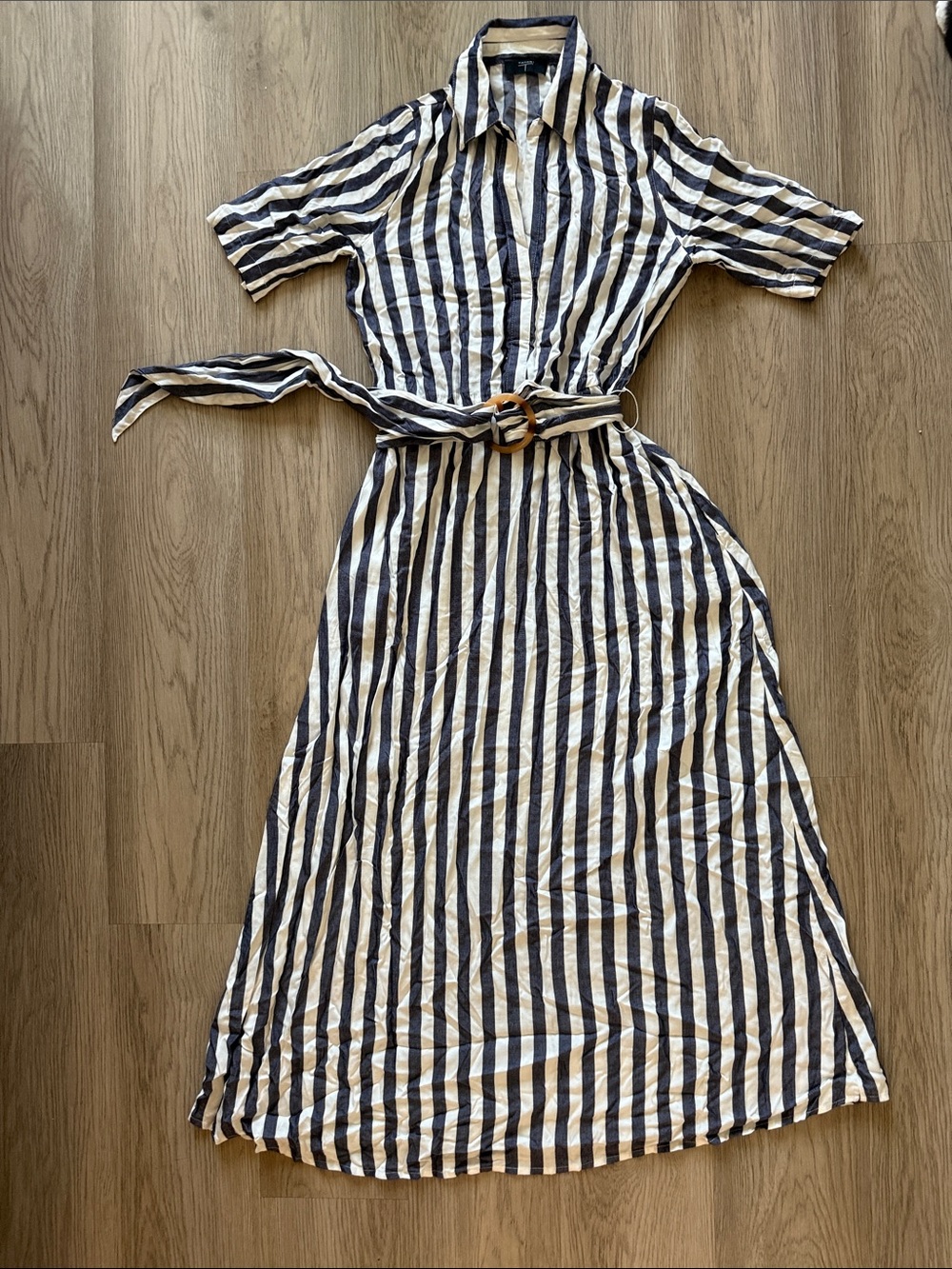 Tahari Navy and White Striped Maxi Shirt Dress with Belt